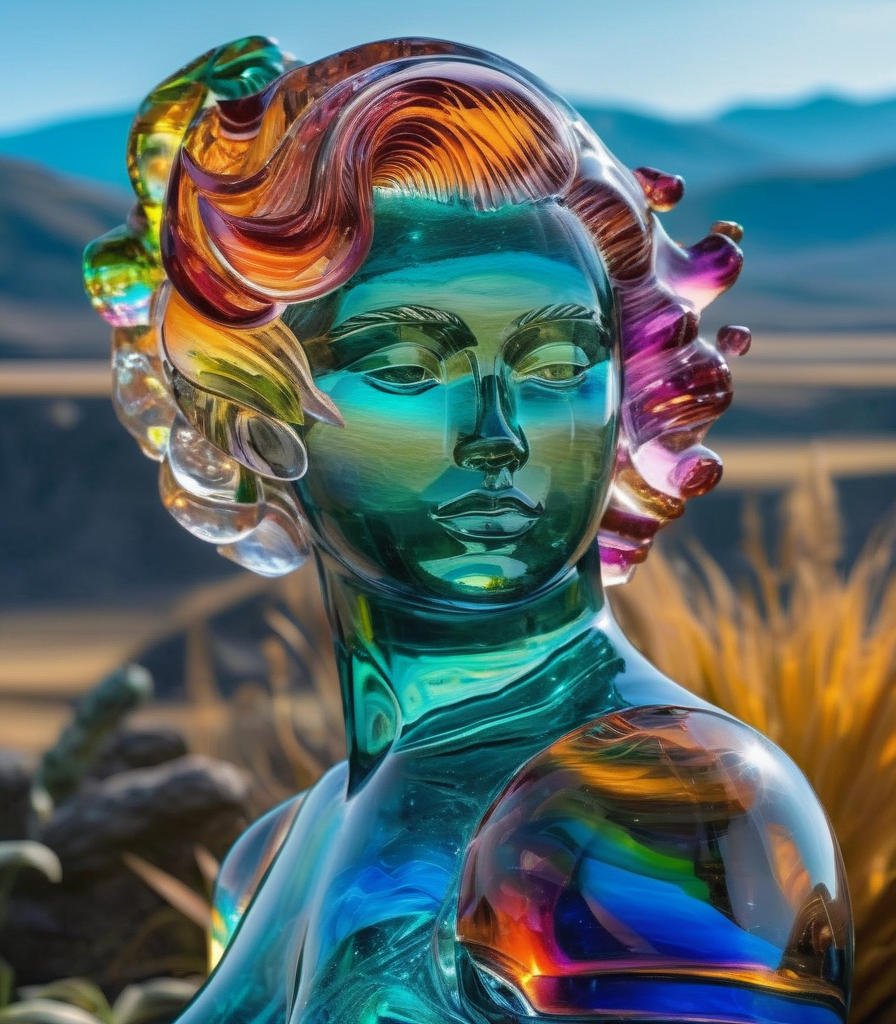 A detailed and vibrant portrait of glasssculpture, alisabcnv  in a fantastical landscape with vibrant colors and intricate...